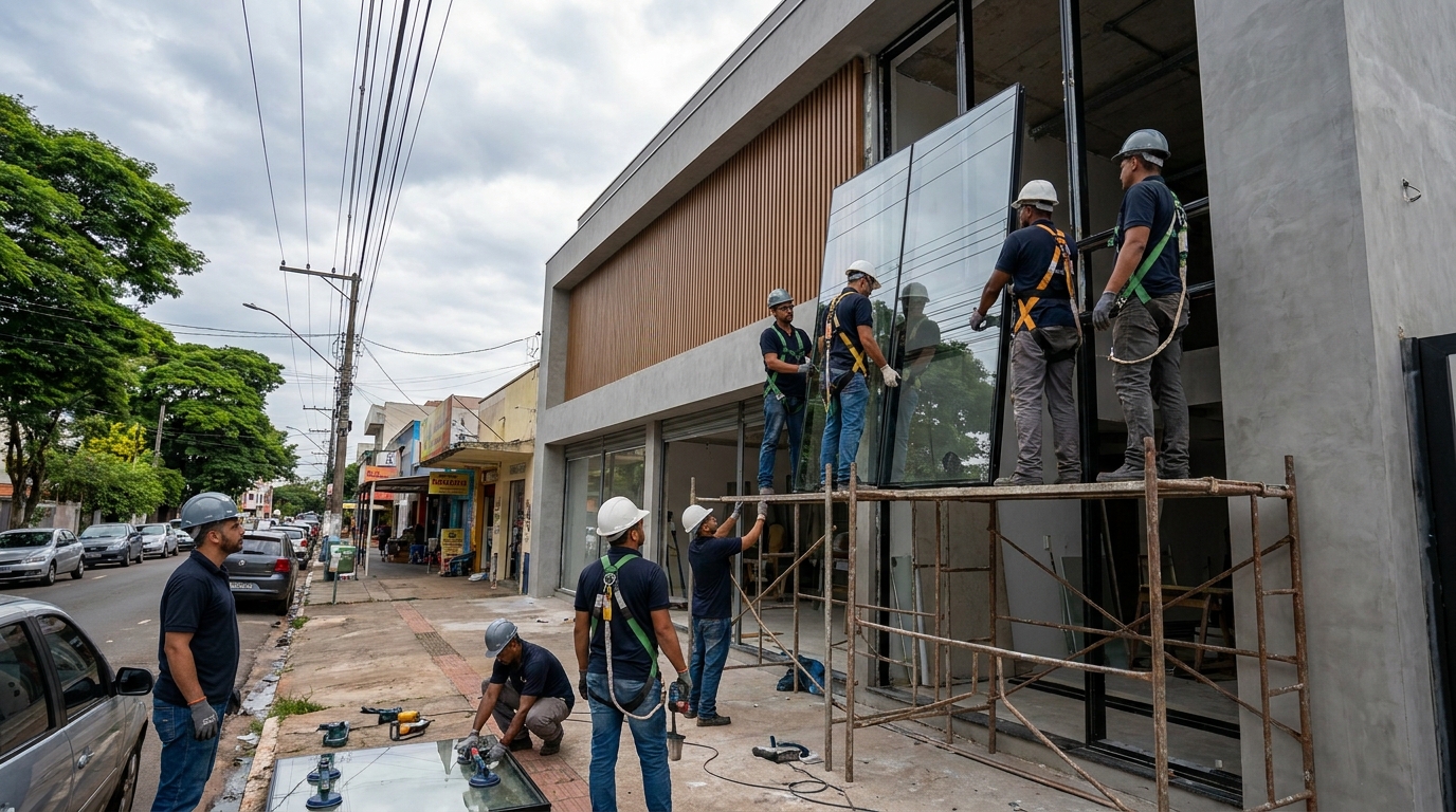 Fachada de vidro com andaime lateral em Lauro de Freitas-BA