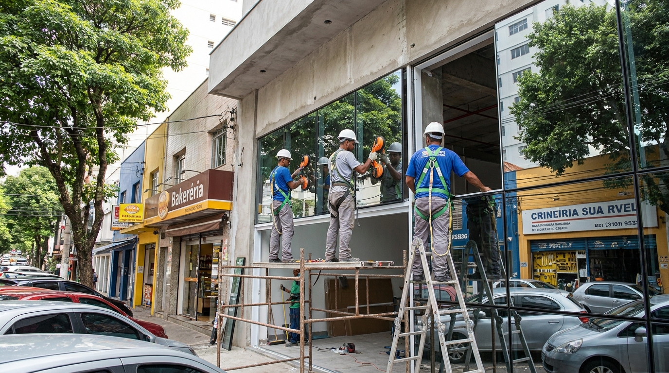 Fachada de vidro com confeitaria vizinha em Lauro de Freitas-BA