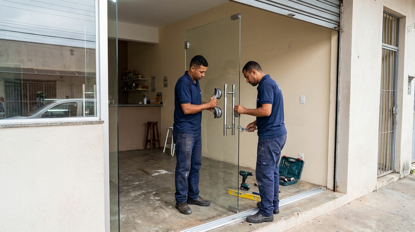 Dupla instalando porta de vidro em loja em Lauro de Freitas-BA