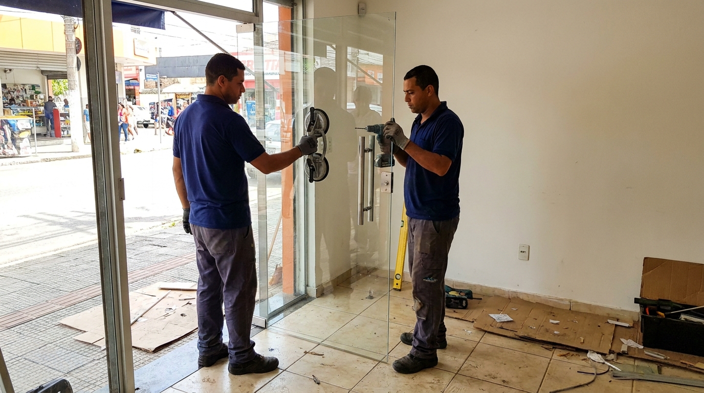 Porta de vidro de loja em rua movimentada em Lauro de Freitas-BA